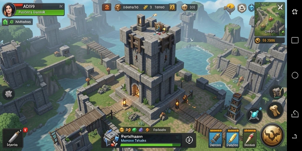 Screenshot gameplay ADI99 menampilkan pertahanan menara yang dinamis dan menyerang musuh.