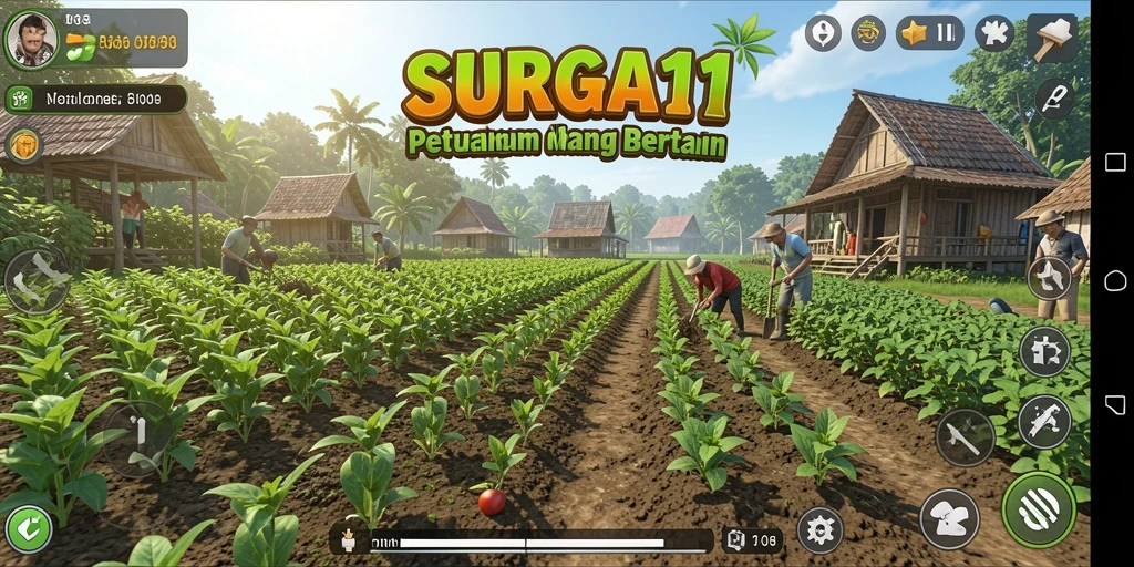 Tangkapan layar dari gameplay SURGA11 yang menampilkan ladang hijau subur.